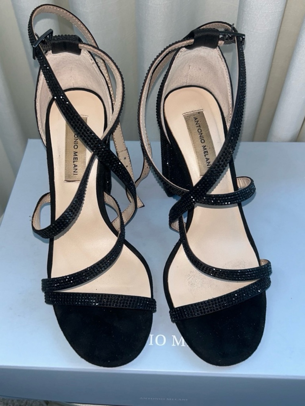 ANTONIO MELANI Black Strappy Crystal-Embellished High Heels